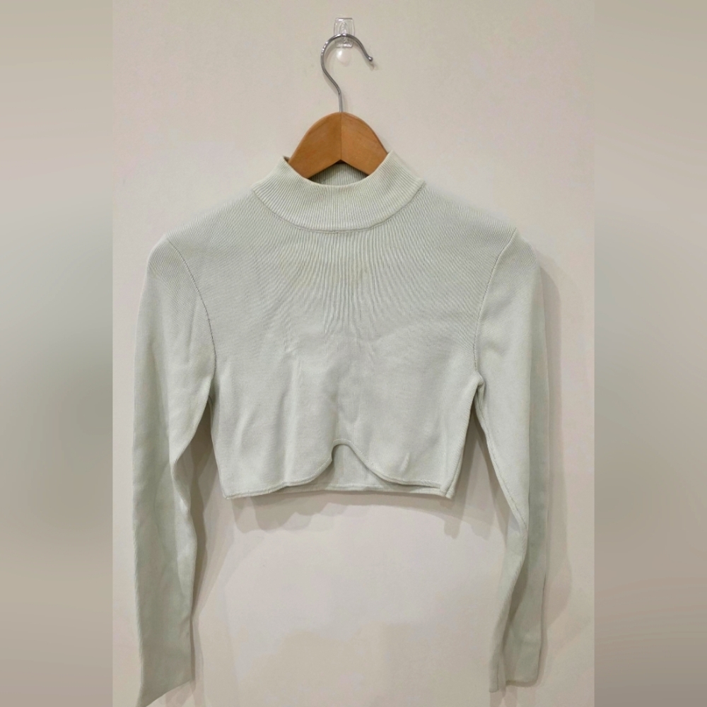 NWT Zara Scalloped Edge Light Green Mint long sleeve knit cropped Knit Sweater M - Picture 13 of 15